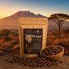 Un sachet de café Mont Kenya devant un paysage du Kenya